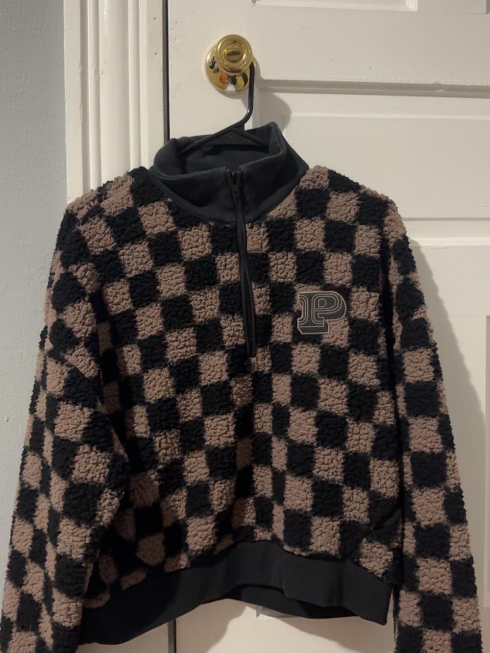 PINK Victoria's Secret Checkered Sherpa Pullover - Black & Brown